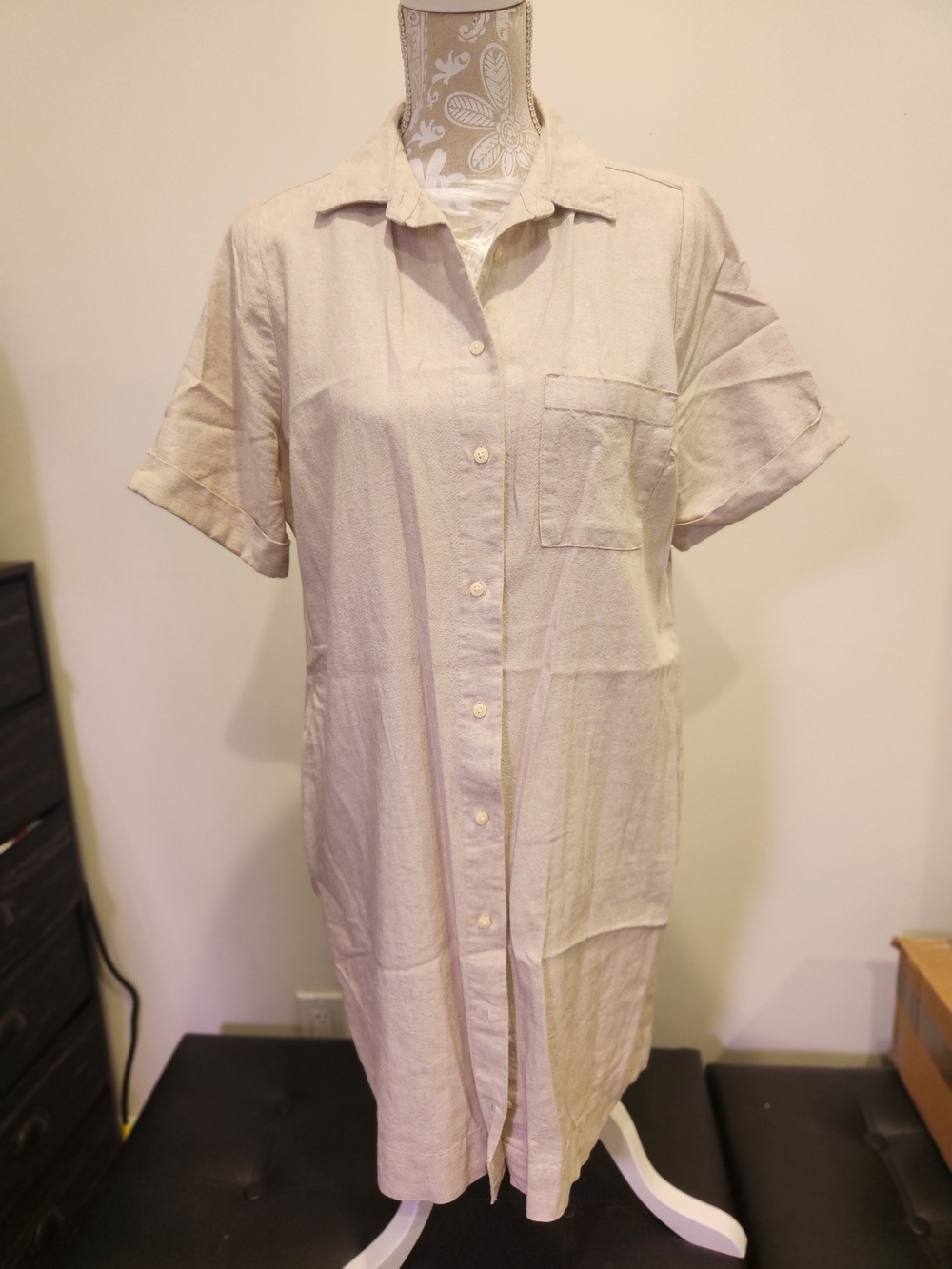 Old Navy Light Beige Short Sleeve Button-Front Midi Dress
